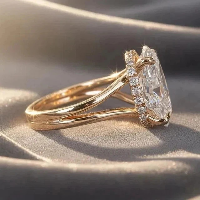 4CTW Oval Moissanite Hidden Halo Engagement Ring 925 Silver 14K Vermeil
