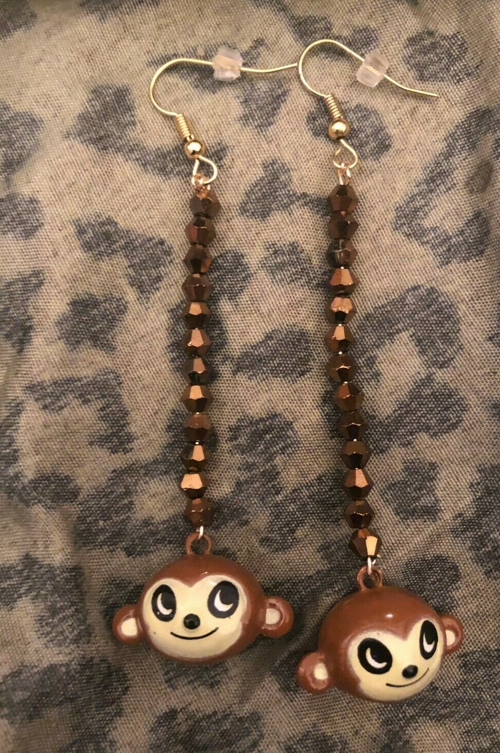 Retro Brown Monkey Bell Charms w/ Bronze Crystal Dangle Jingling Earrings
