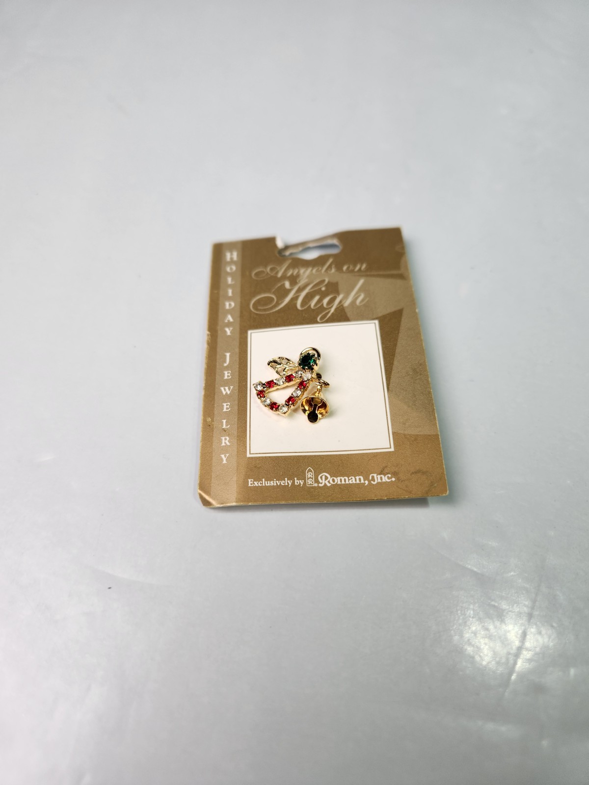 Christmas Pin Angels On High by Roman, Inc Gold Tone Red And Clear Crystals 2001