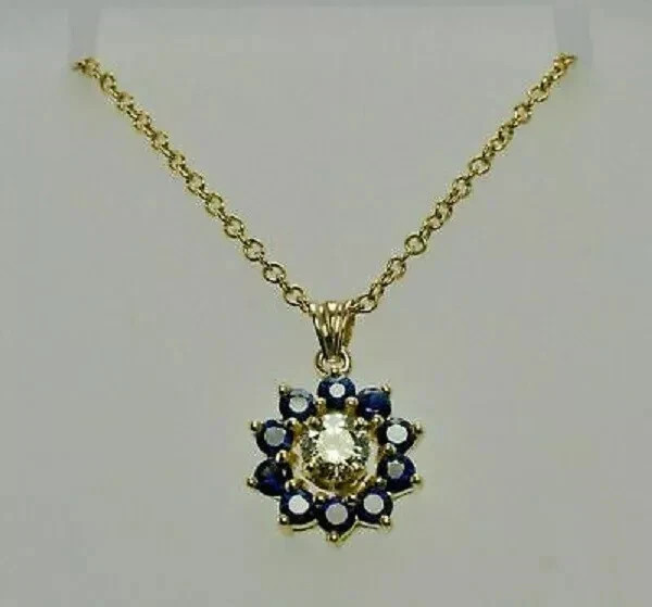 1Ct Round Diamond and Sapphire Women’s Pendant 14K Yellow Gold Finish Free Chain