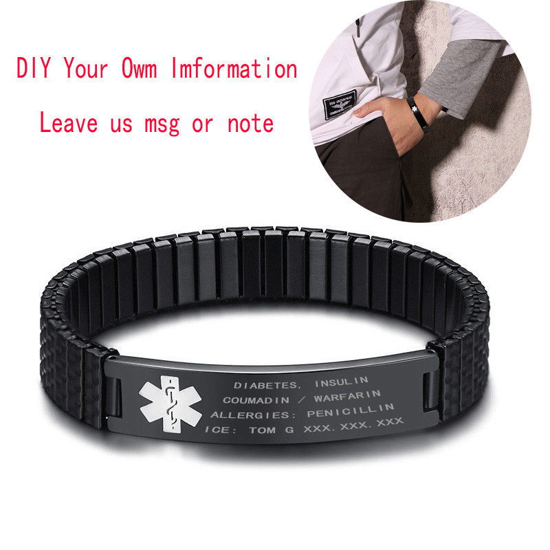 Men Medical Alert ID Spring Stretch Bracelet Armband Personalized Free Engraving