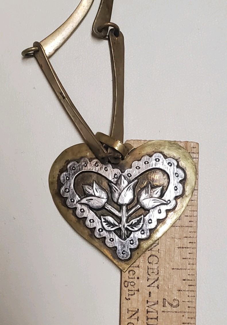 JEEP COLLINS Artisan VINTAGE Brass/925 DOVE/HEART PENDANT Handwrought NECKLACE