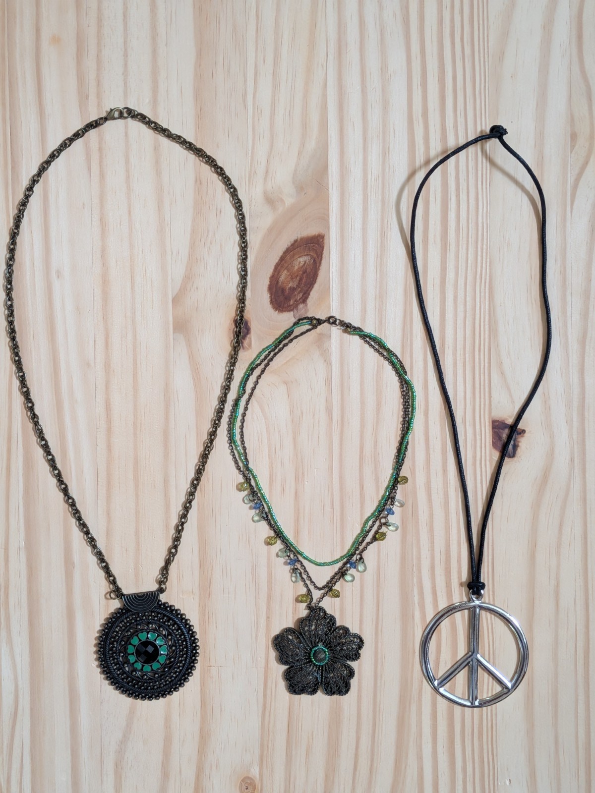 2 Boho Necklaces & 1 Retro: Medallion w/green hearts, Flower w/Beads, Peace Sign