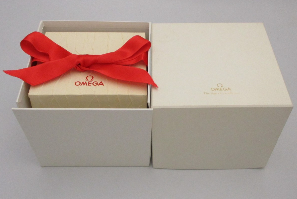 OMEGA White/Cream Watch Box Set with Red Interior Pouch Pillow Ribbon + Cartons