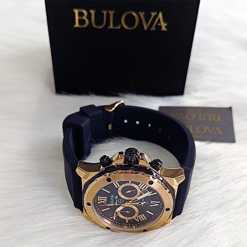 Bulova Marine Star-98B104-Men Black Rubber Strap Quartz Watch Rose Gold Dial44mm