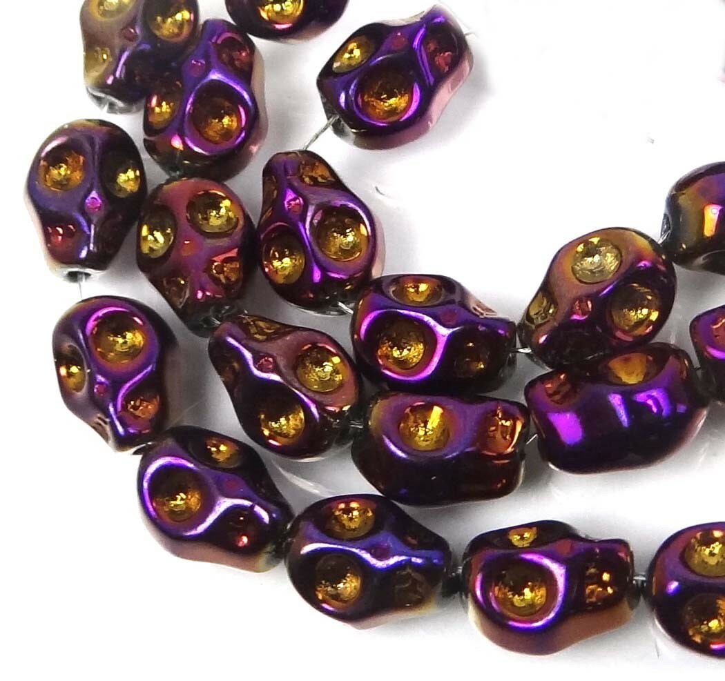10mm Tiny Glass Metallic Coated Skull Beads Halloween (15 pc) – Iris Purple