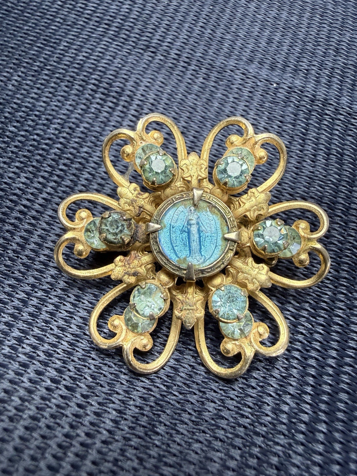 Vintage 1950s Catholic Miraculous Medal Brooch Blue Rhinestone Virgin Mary Pin