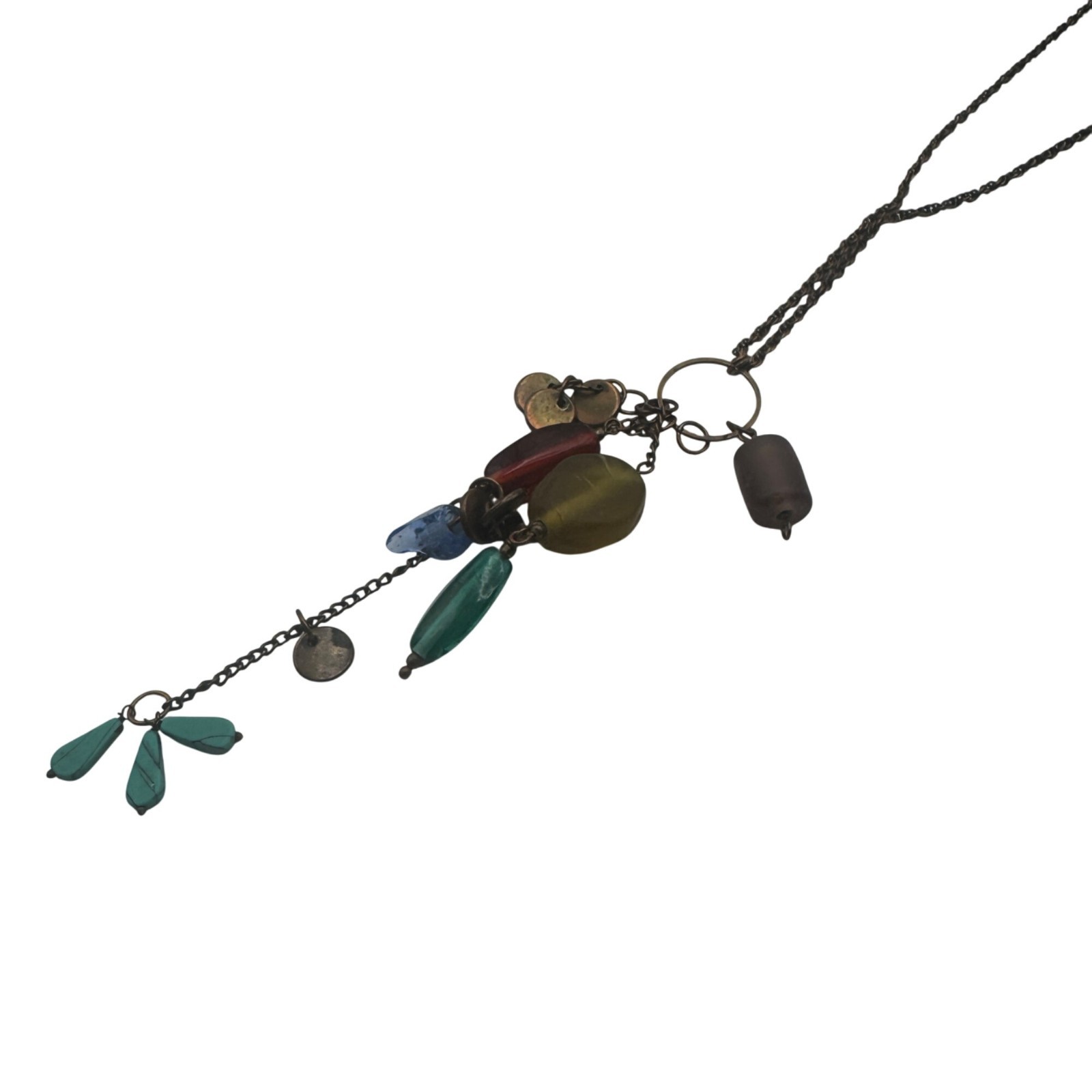 Multicolor Beaded Pendant Necklace 28 Inches Tassel Charm Accents Antique Brass