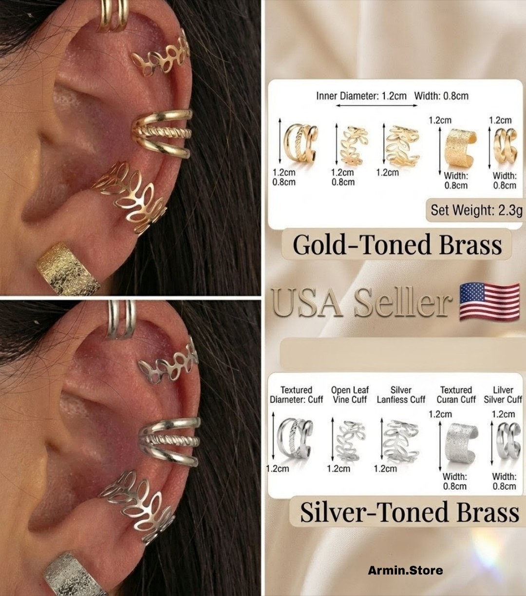 New 5pc Gold Silver Color Metal Ear Cuff Non-Piercing Ear Clips Earrings Jewelry