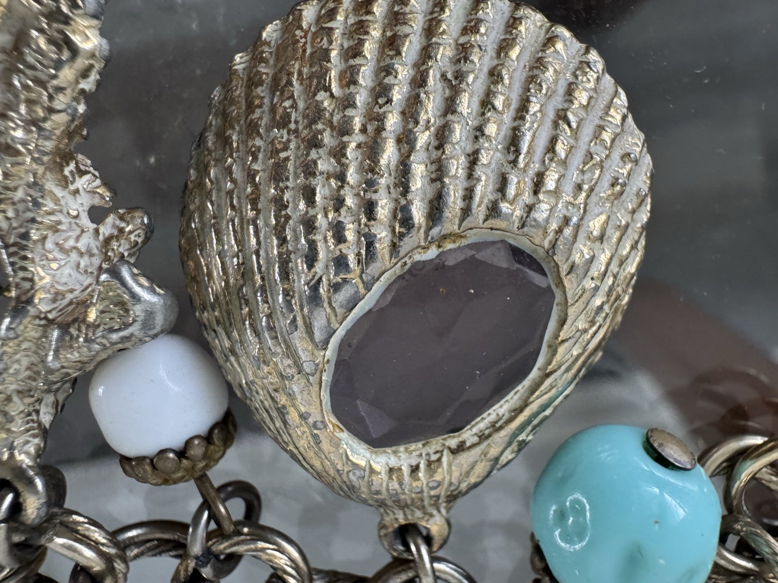 Vintage Chunky Sea Shell Charm Bracelet Coral Starfish Shell Nautical Crystal