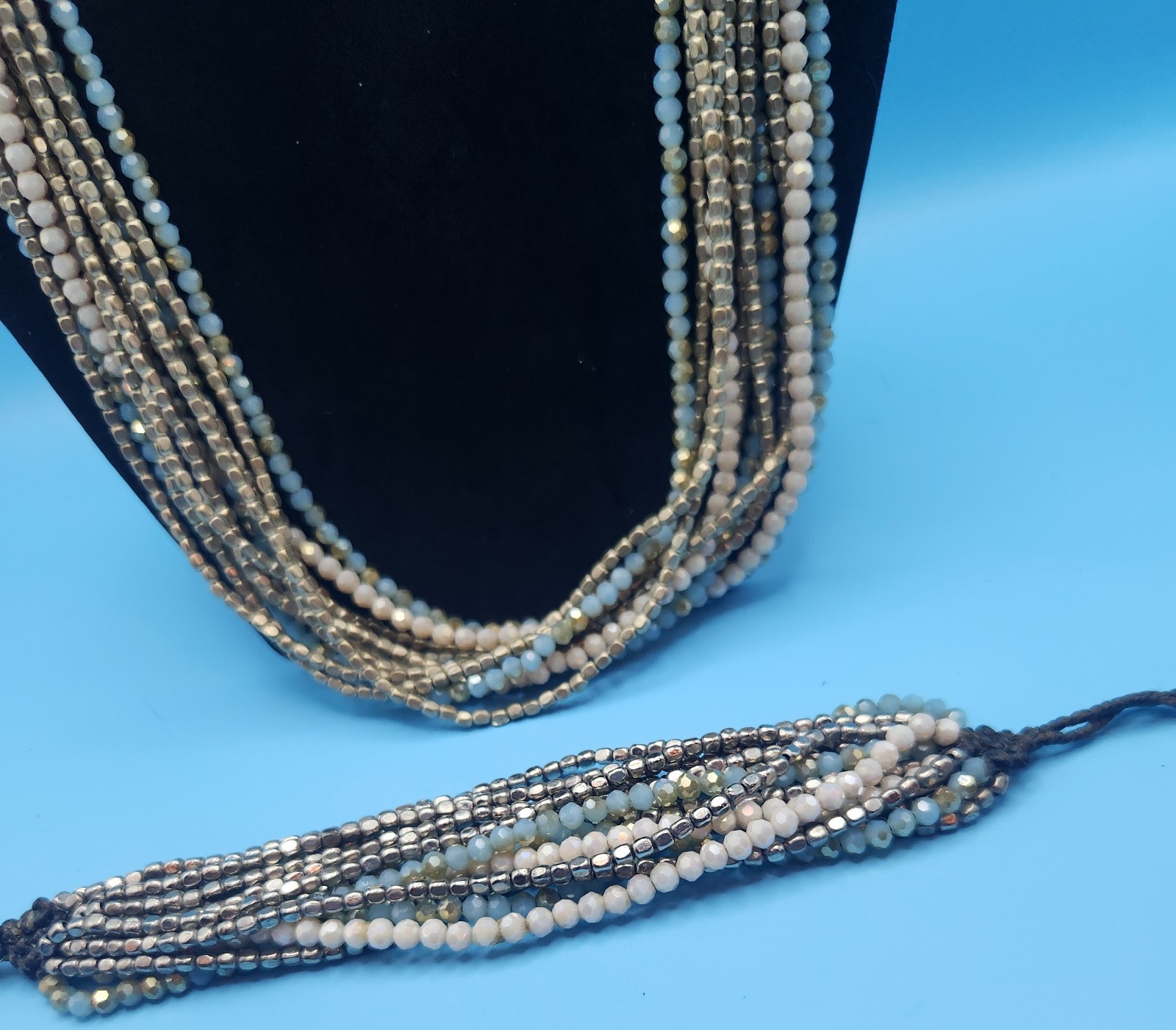 Nakamol 12 Strand Blue, Ivory and Silver Tone Beads and Matching Bracelet