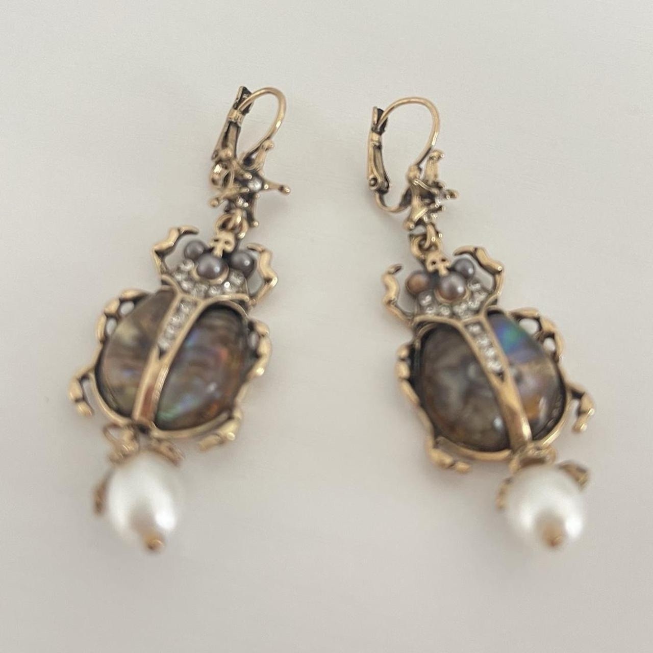 Gold Tone Beetle Dangle Earrings Mother of Pearl/Abalone Shell Pearl Crystal