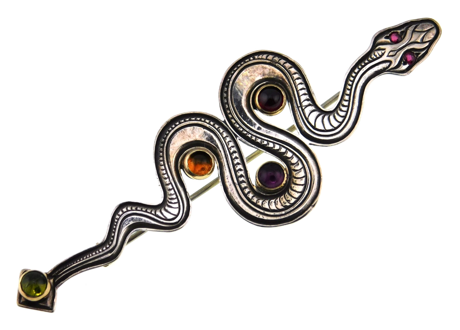 1990’s Kit Carson 925 Sterling Silver Snake w Multicolor Gemstones Brooch Pin