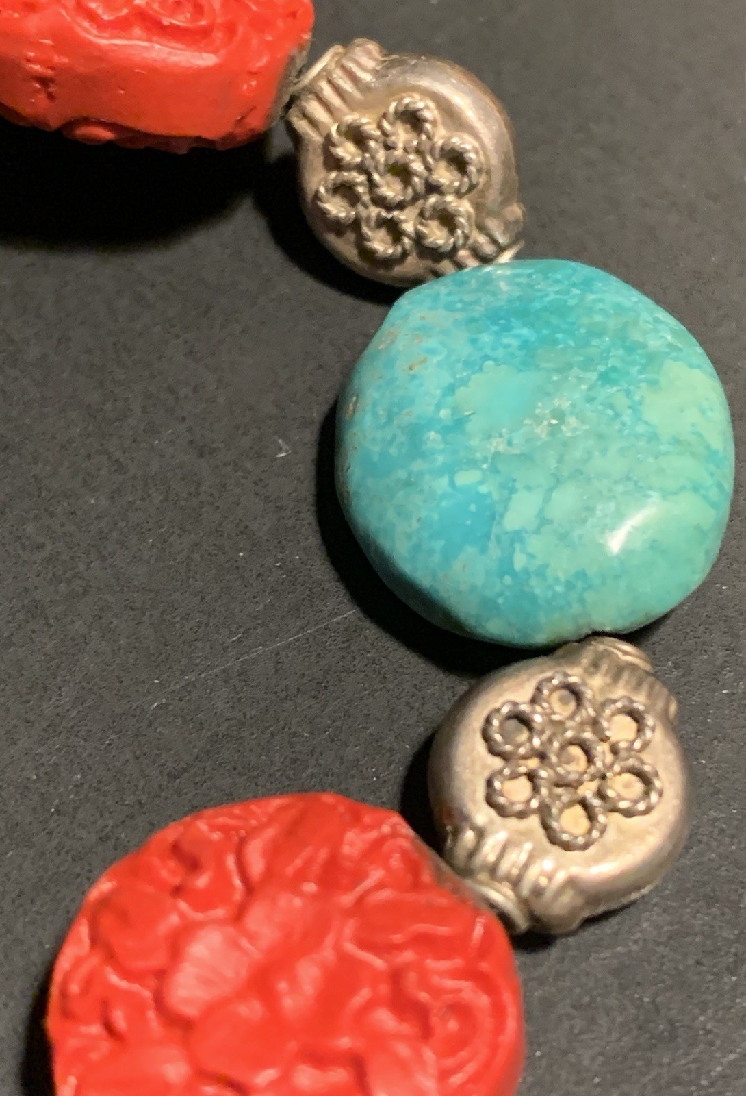 Turquoise & Carved Coral or Red Colored Bead Bracelet