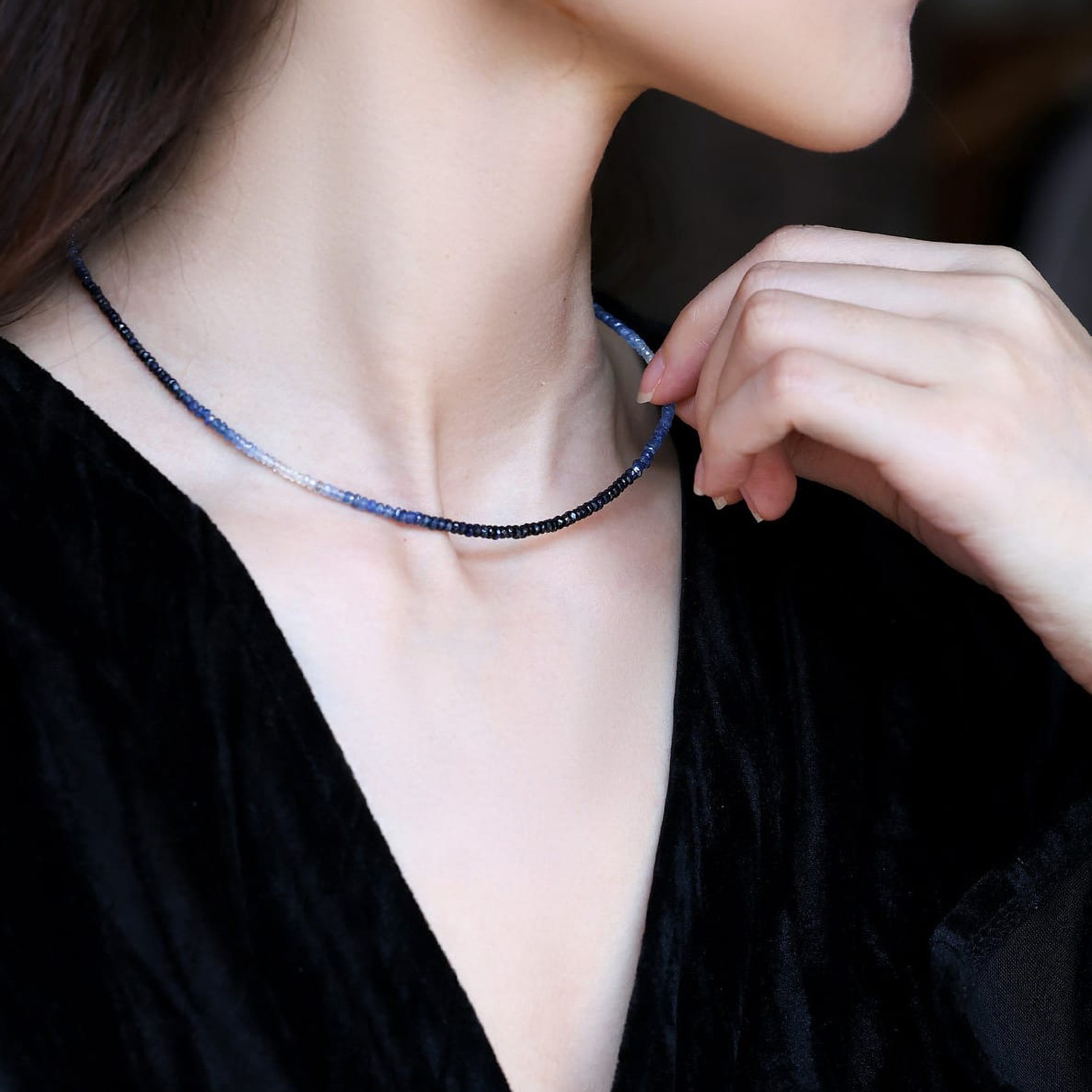 18K Gold Ombre Sapphire Choker, Gradient Blue Beaded Necklace, Gift for Her