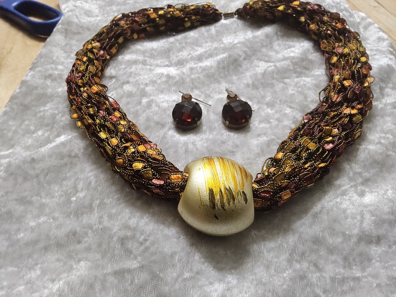 Copper Gold Crochet Necklace Pendant & Earrings
