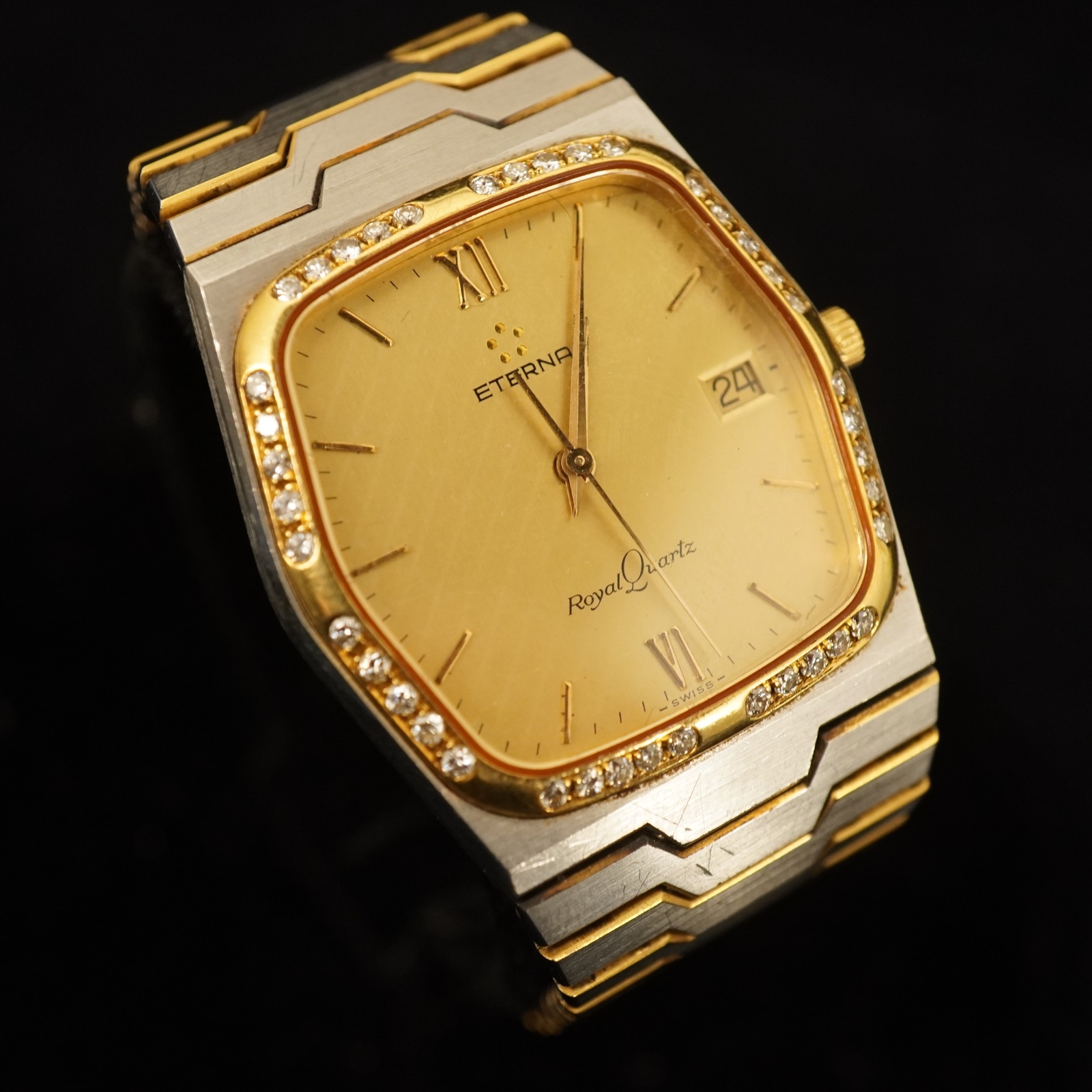 Vintage Eterna Royal Quartz Men’s Watch, Yellow Gold & Diamond Bezel, Keeps Time