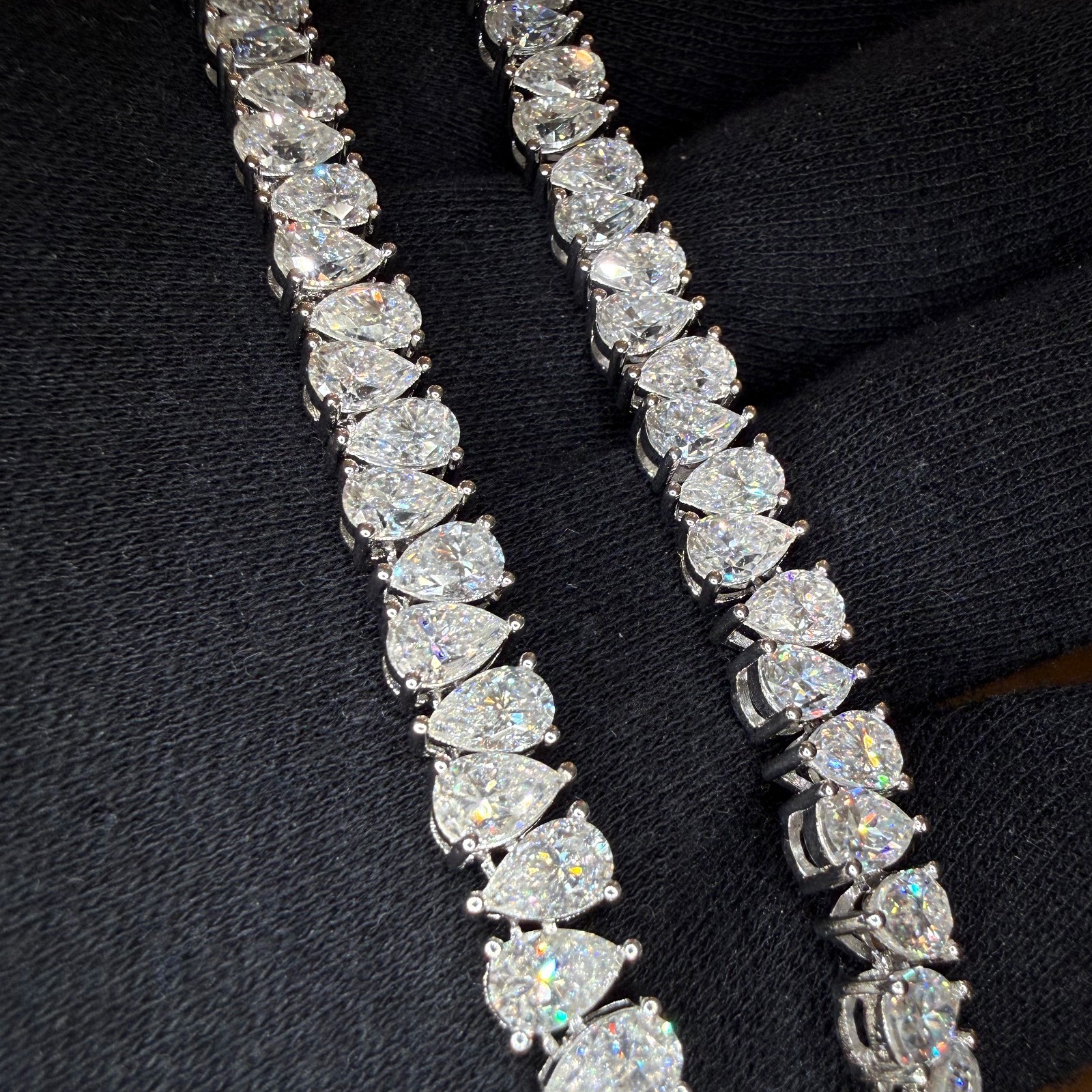 65.5CTW Certified Moissanite Alternating Pear Cut Tennis Chain Real 925 Silver