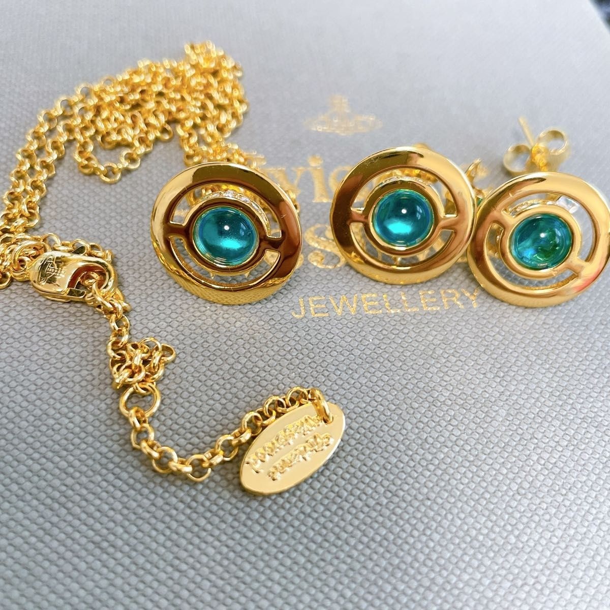Vivienne Westwood Necklace Earrings Set Petite Orb Blue Gold NO BOX [E4778