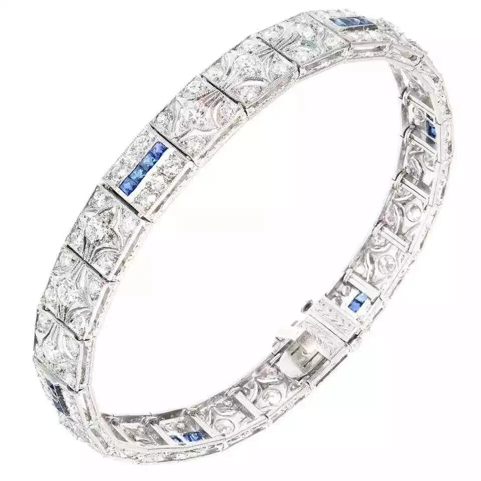Vintage Art deco style 5.67 CT Lab-created sapphire & Diamond Bracelet in Silver