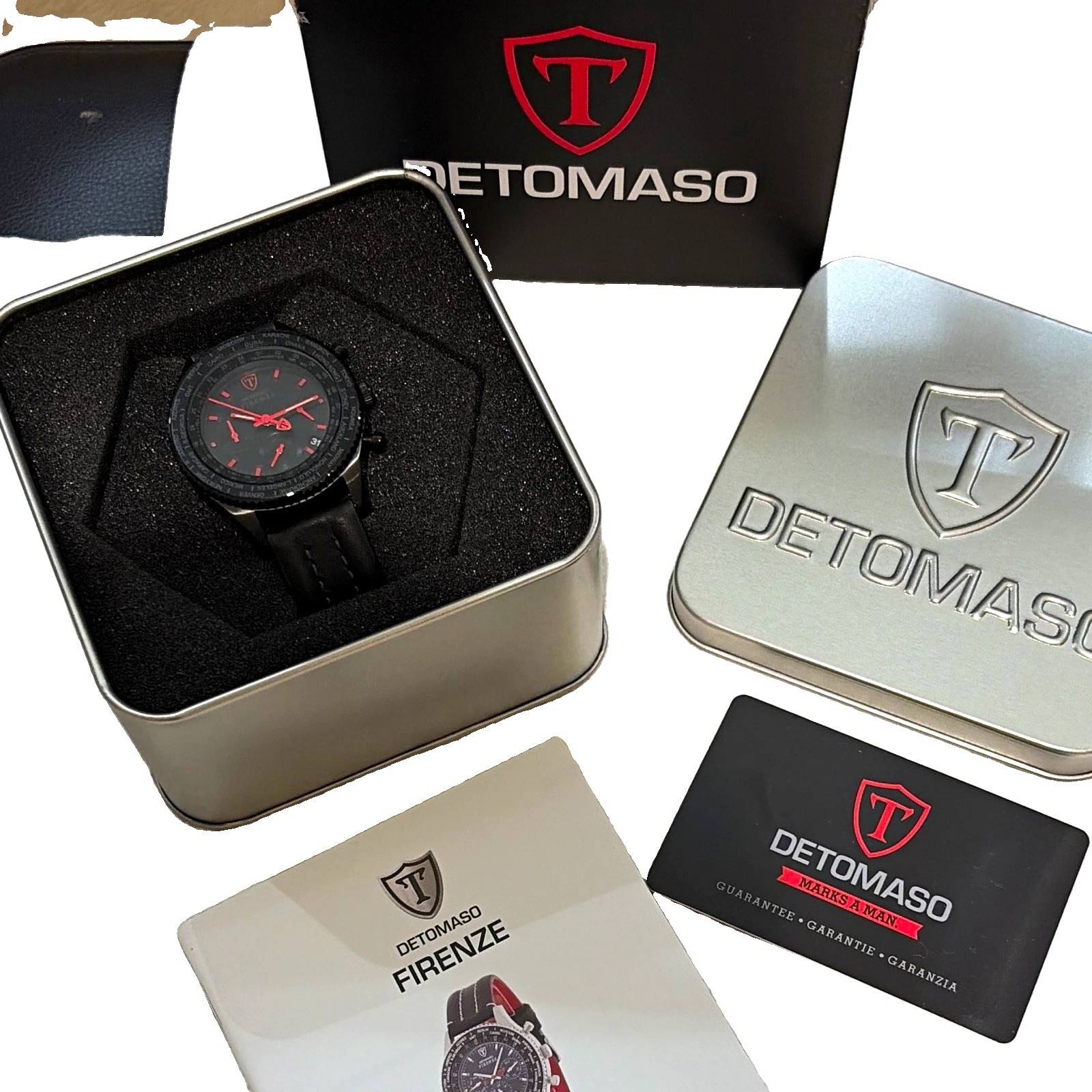 DETOMASO Firenze Men’s Quartz Analog Watch Black Dial Leather Strap 40mm 50m