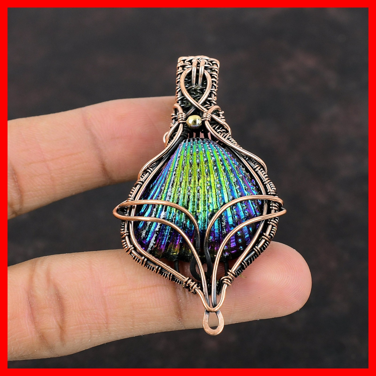 Copper Trillion Titanium Coated Shell Stone Mother Wire Wrapped Pendant Jewelry