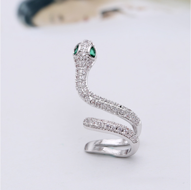 18k white gold CZ snake green eyes single left earring ear cuff climber Box PE37