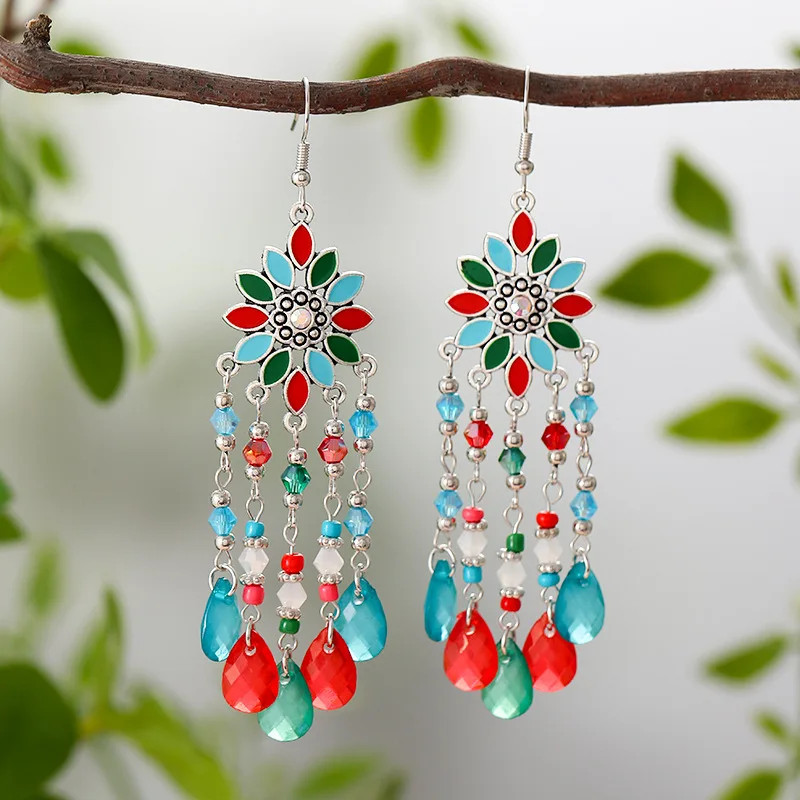 Bohemian Vacation Style Water Drop Tassel Earrings for Women Vintage Long Drop