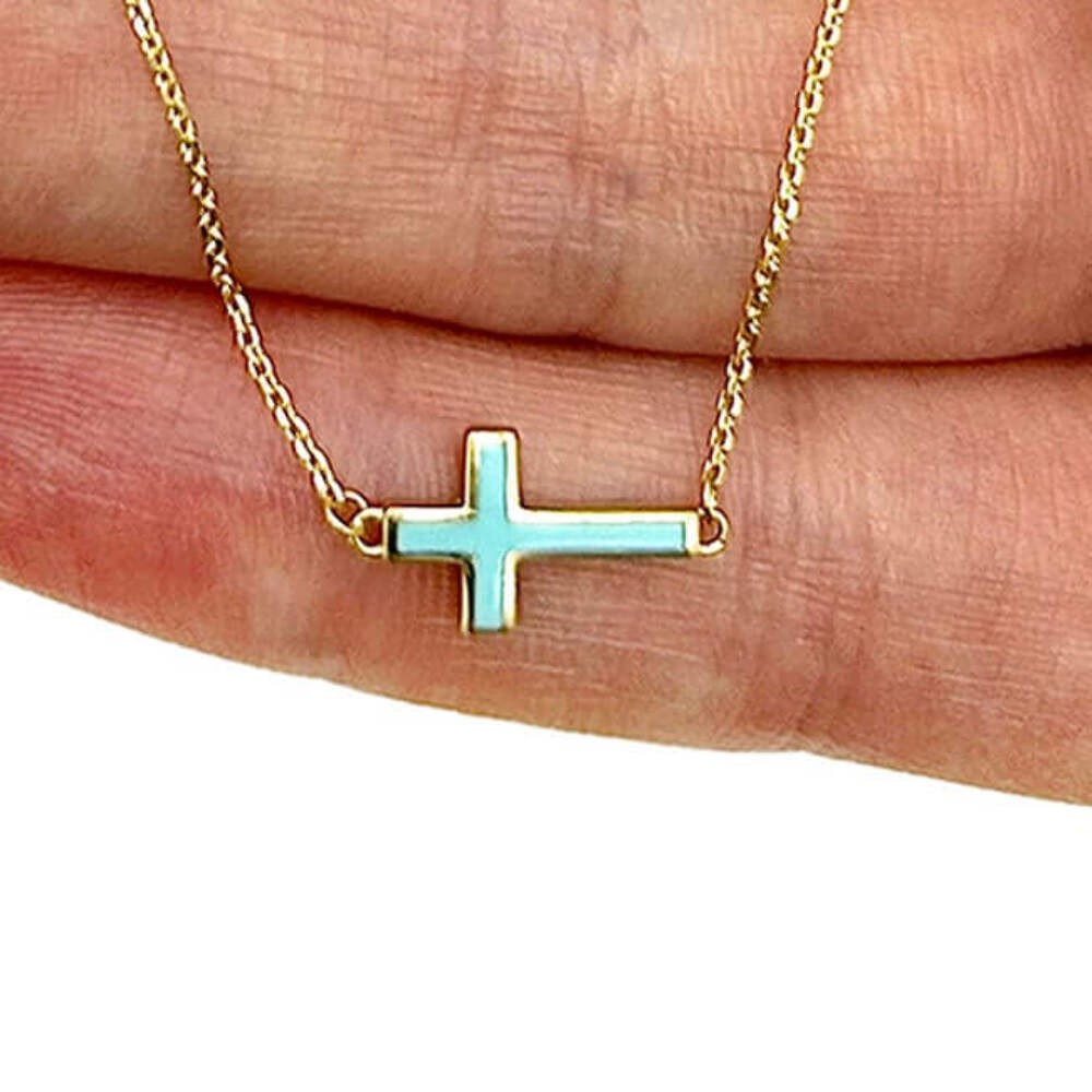 14K Real Gold White Black Turquoise Sideways Cross Pendant Necklace 16-18″ Adj