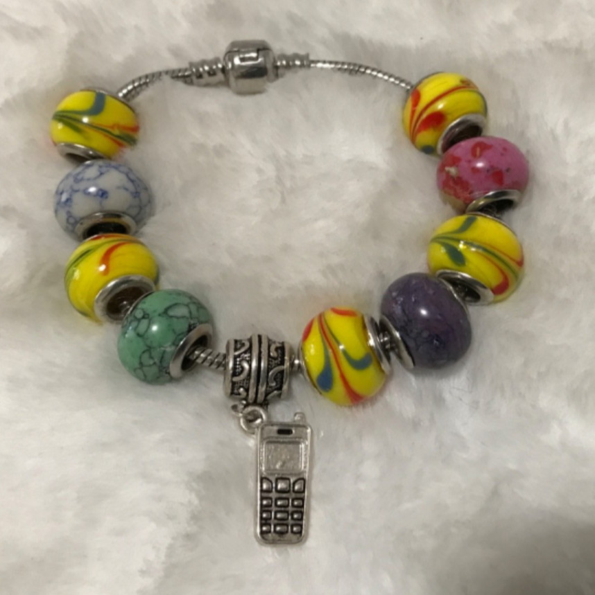 Charm Bracelet Colorful Mixed Beads Cell Phone Charm Women Silver Tone