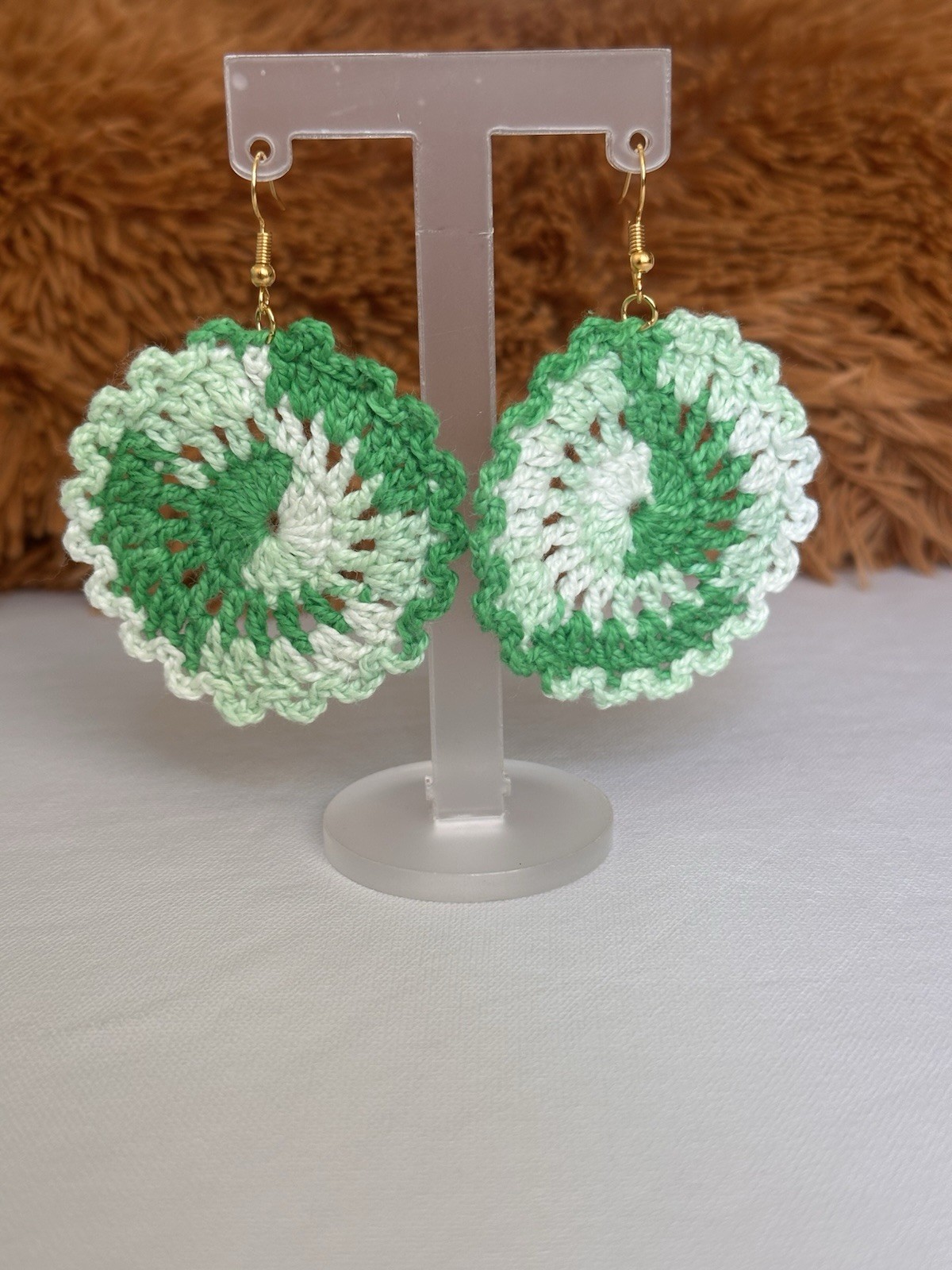 Handmade Crochet Flowers Earrings|Boho Light weight Dangle Earrings Green&cream