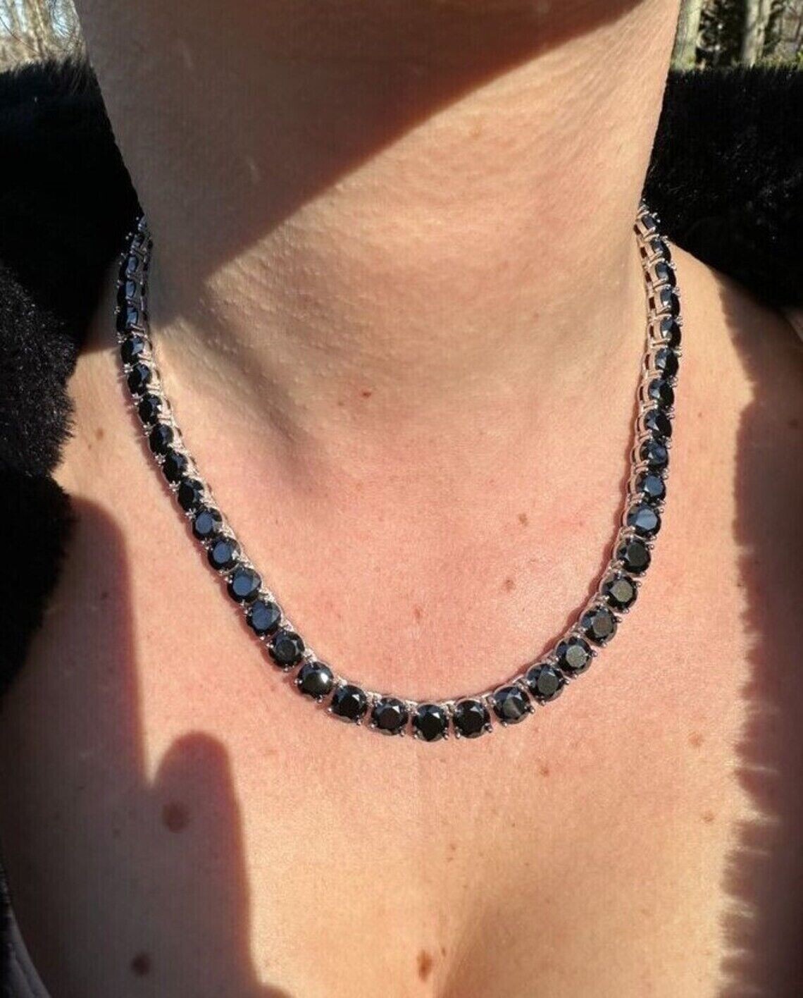45.72 ctw Lab Created Black Spinel 14K White Gold Plated 5MM Tennis Necklace 18