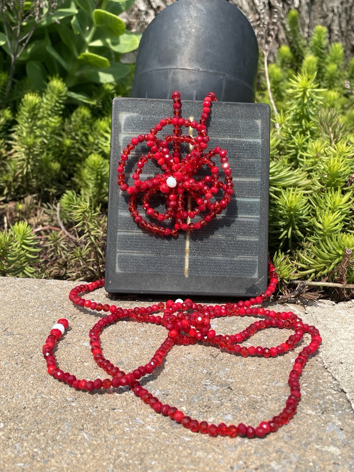 Red Beaded Flower Pendant Choker Necklace with Long Drop Dangle, White Accents