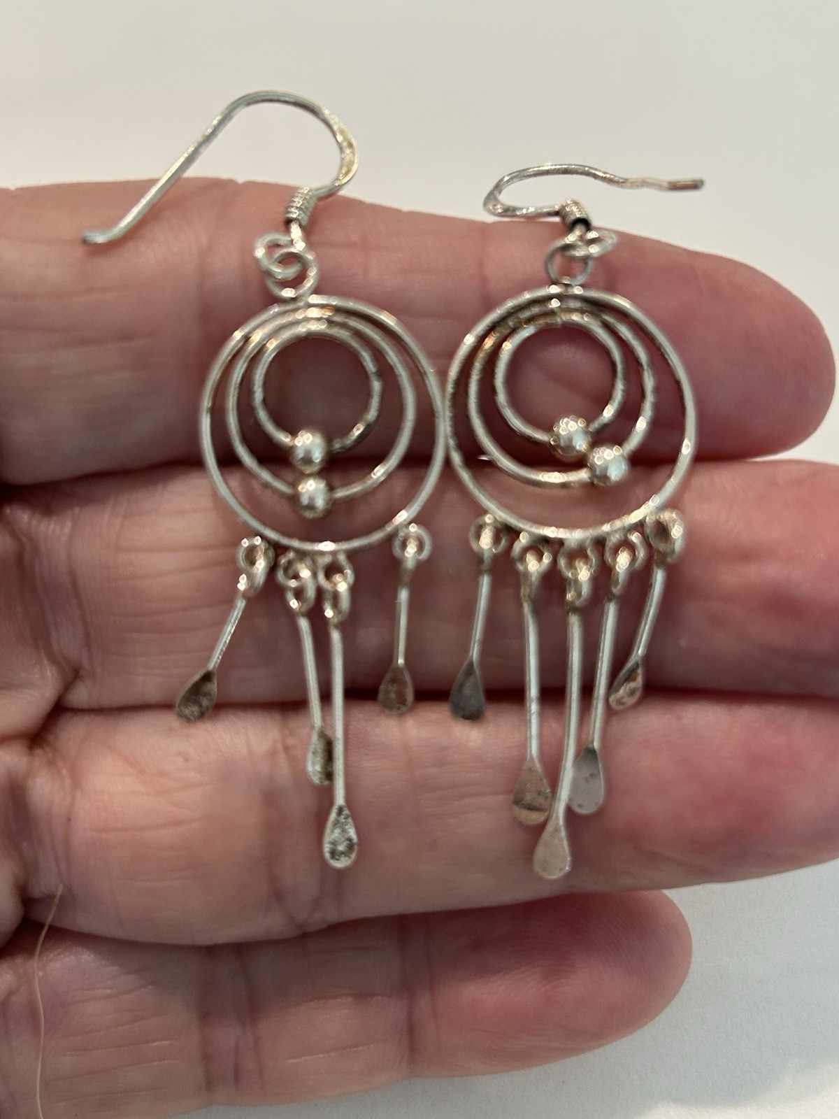 Dainty sterling Silver Triple Circle Fringe Hanging Dangly Earrings