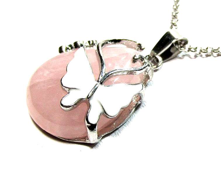 Silver Tone Rose Quartz Teardrop Butterfly Pendant 17″ Necklace – NWOT (#2931)