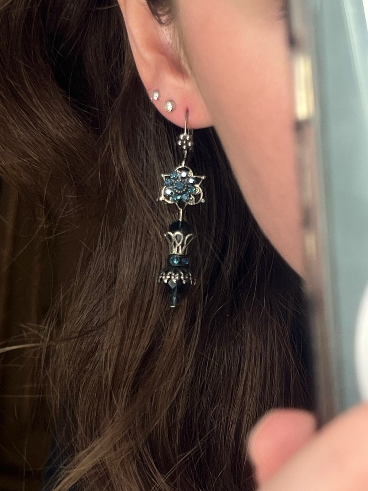 Blue Crystal Flower Dangle Drop Leverback Earrings Silver Tone Metal