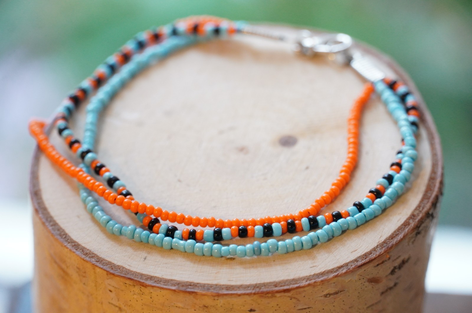 Multi-color Black, Blue, & Orange Glass Seed Bead 8″ Bracelet