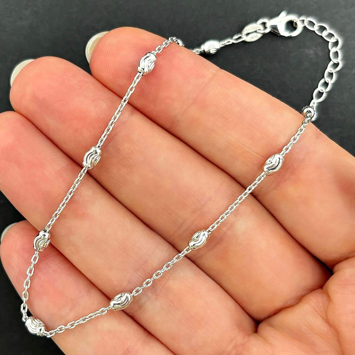Sterling Silver Oval Moon Station Ankle Bracelet 9″-10″ Adjustable