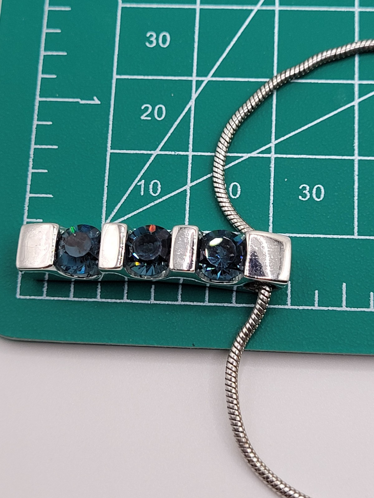 3 Bar Necklace Faux Sapphire Blue Silvertone Setting 16″ to 18″ Y2K