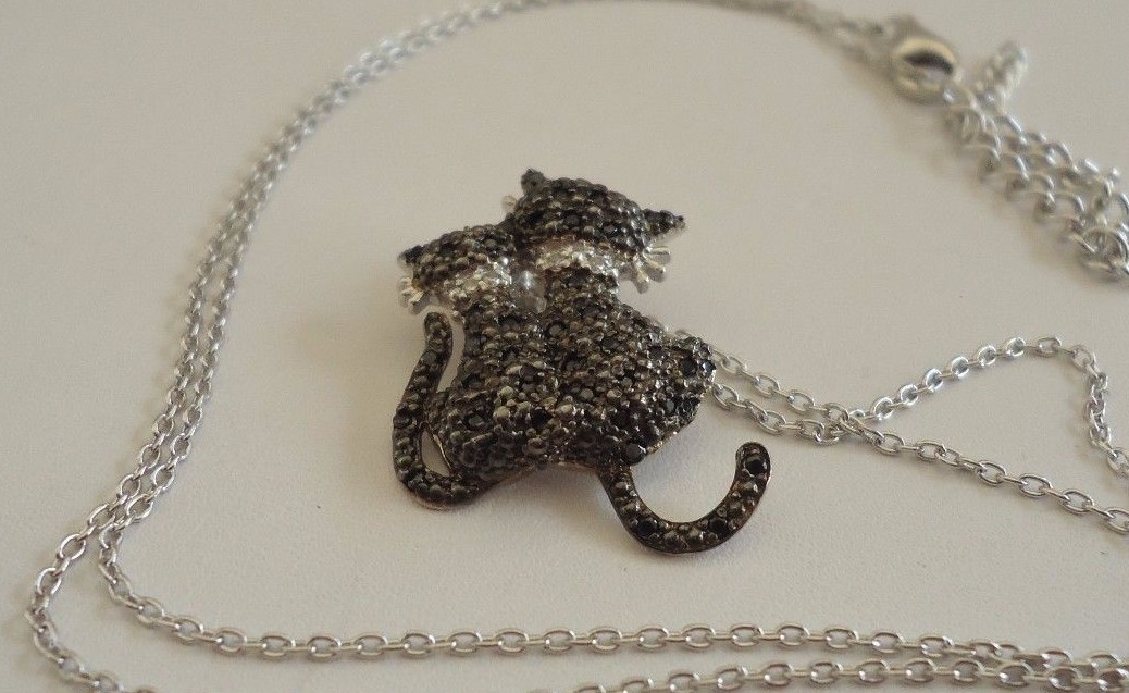 925 STERLING SILVER BLACK KITTY’S PENDANT NECKLACE W/ ACCENTS/18”CHAIN