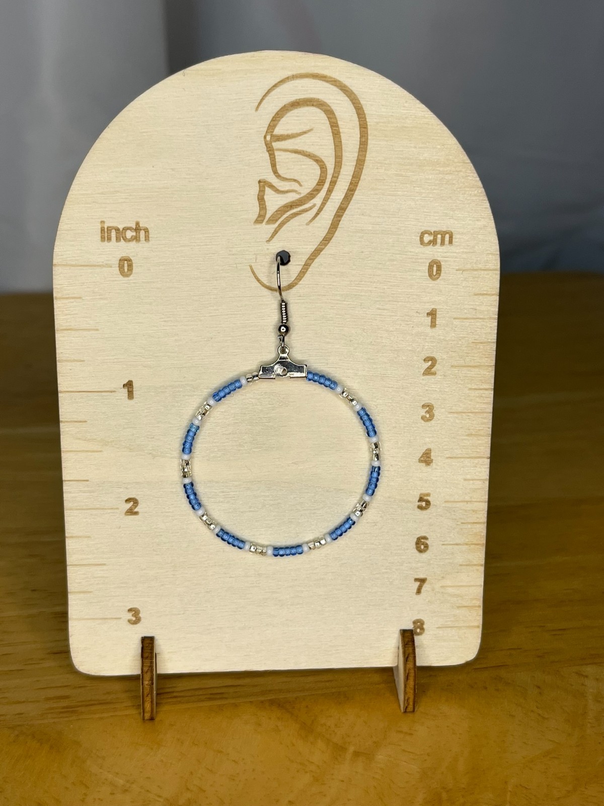 Handmade Beaded Earrings – Blue White Silver hoops