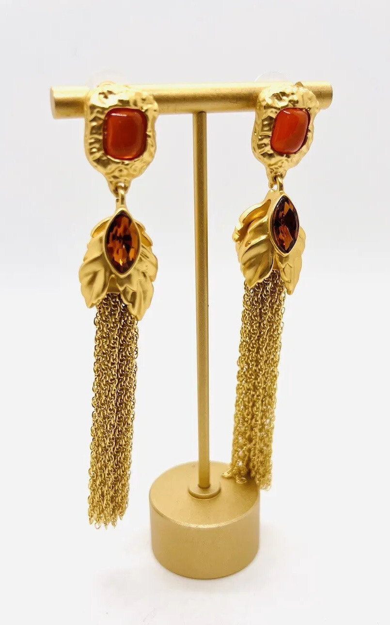 Long Catwalk Jon Amber Poured Resin & Rhinestone Chain Tassel Earrings Posts New