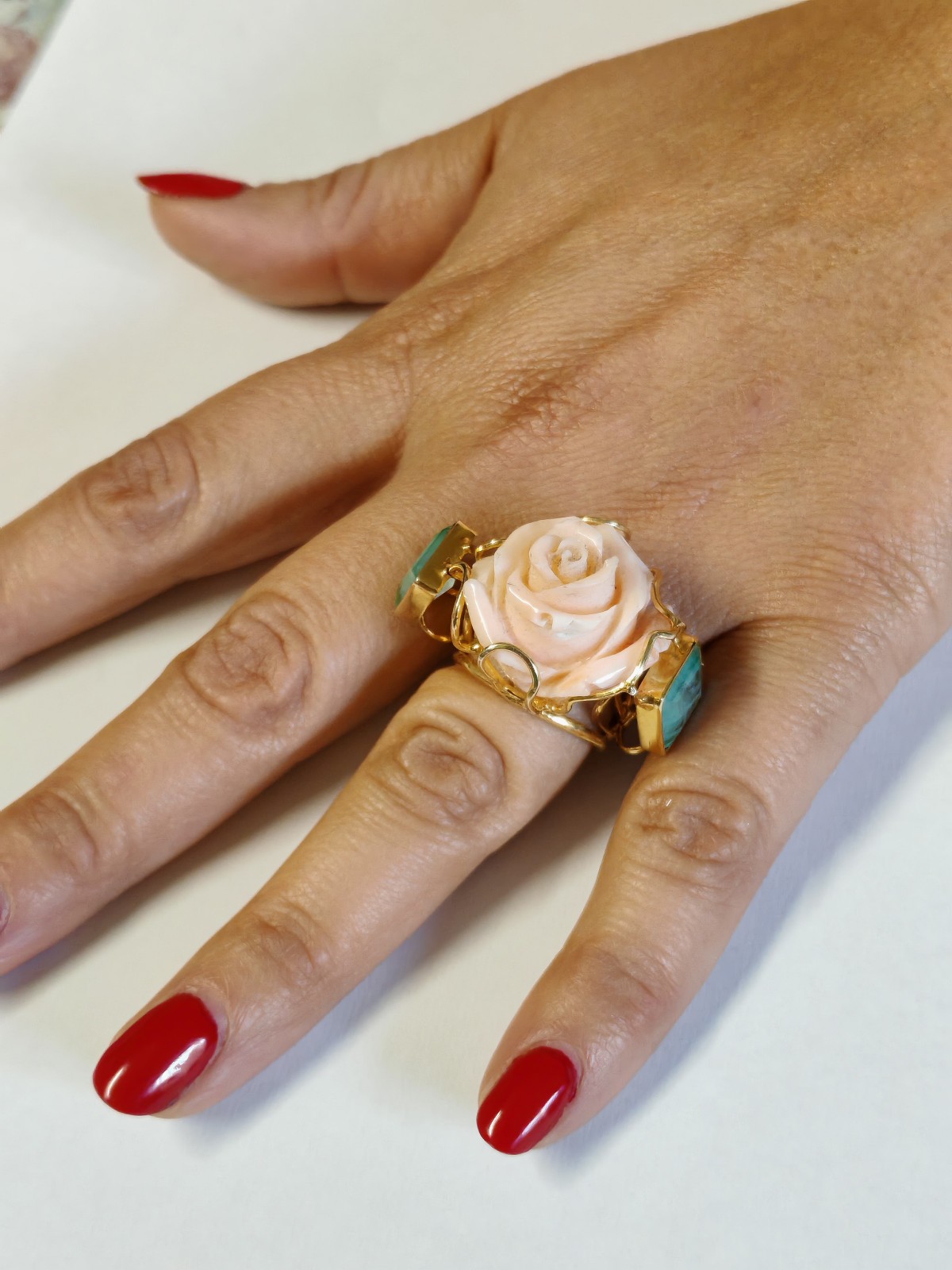 Women’s Ring Real Coral Pink Band 925 Silver Plac Yellow Gold Handmade