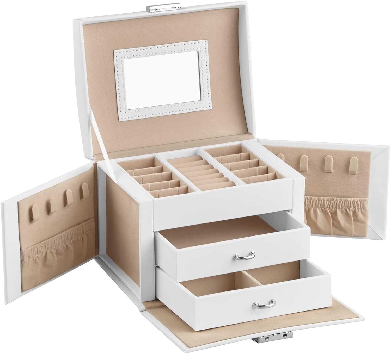 Jewelry Box Organizer with Mirror, 3-Layer Jewelry organizer w 2 Drawer Lockable
