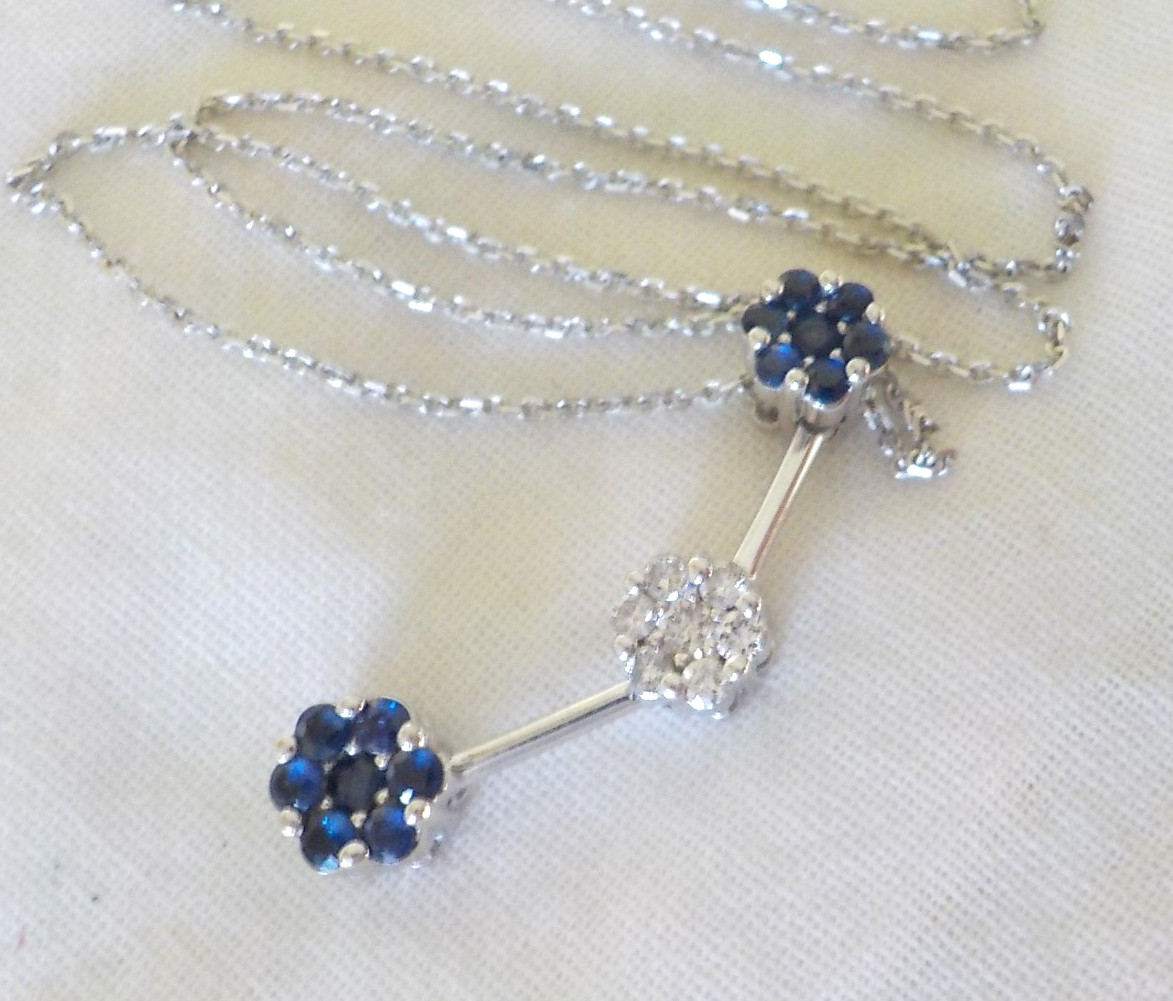 14K White Gold Bar Blue Sapphire Diamond Necklace – 4.0 gms, 18 in, 0.40 ctw