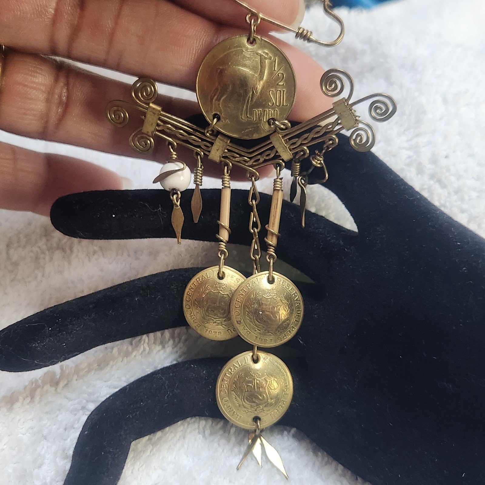 Vintage Peruvian Coin Brooch Brass Folk Art Sol De Oro Dangle Pin Peru Jewelry