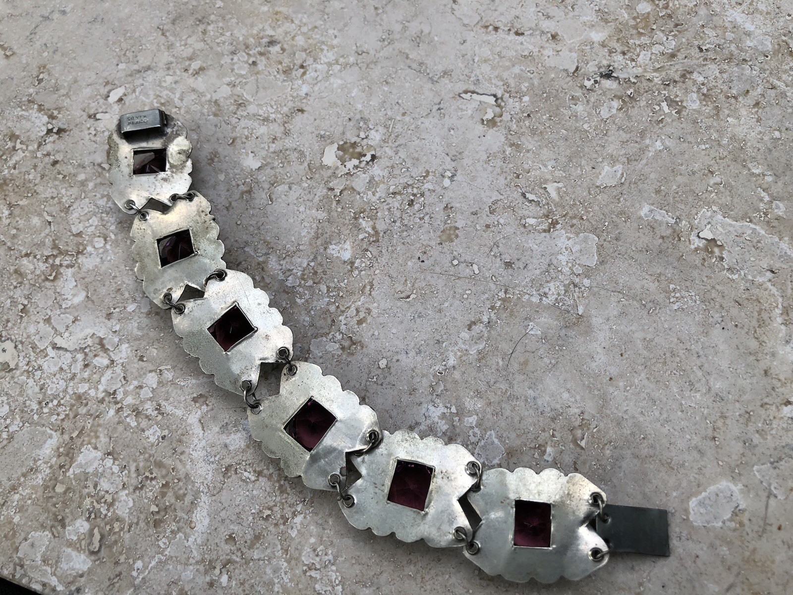 🌟🍇Vintage MEXICO STERLING SILVER Purple Color Stones STATEMENT PANEL Bracelet