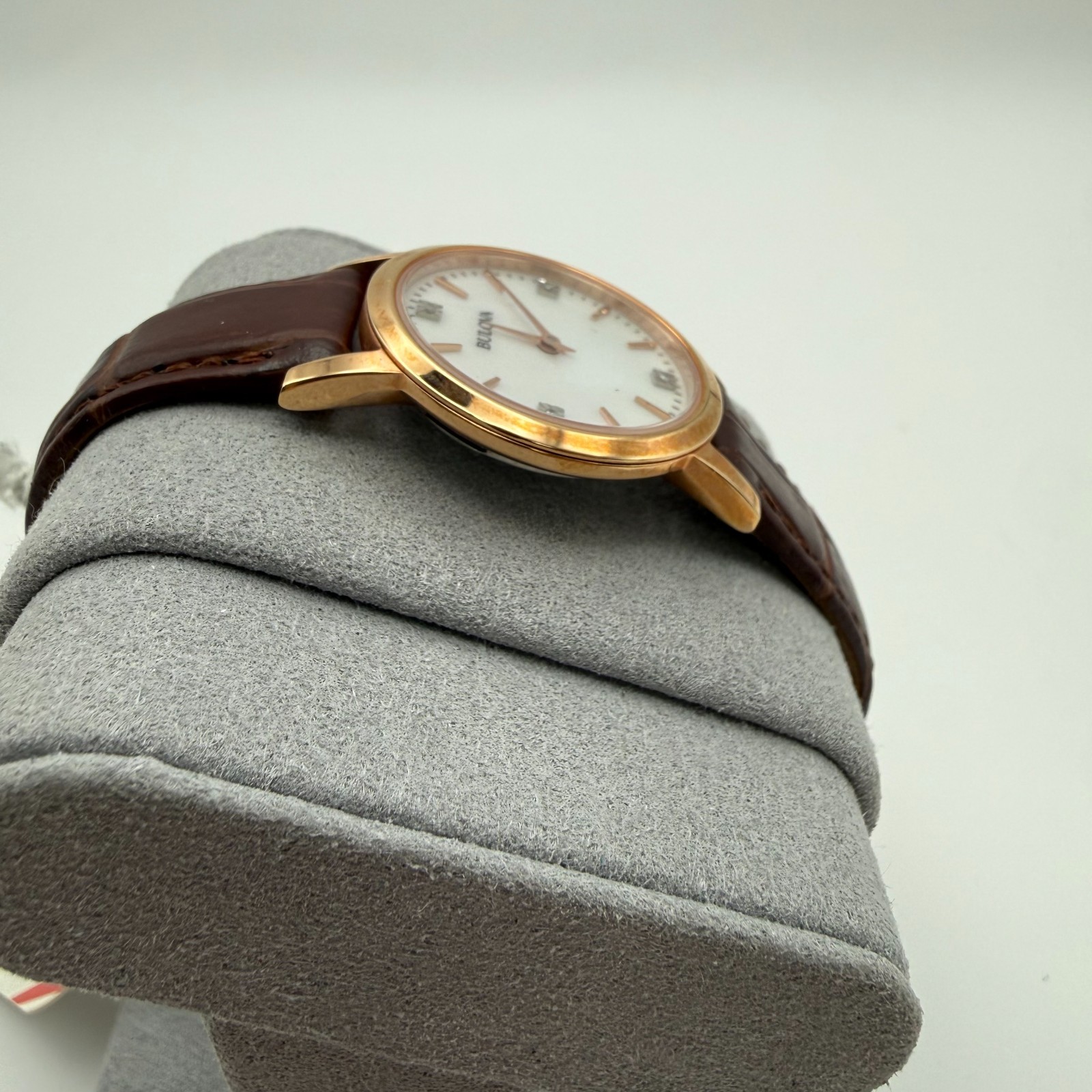 Bulova 97P105 Women’s Quartz Diamond Accents Gold Brown Leather 27mm Watch NEW