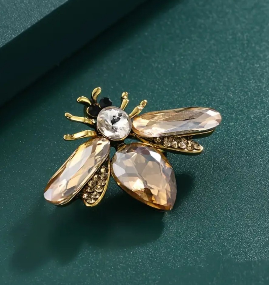 GOLDEN TOPAZ BEE INSECT BUG FIREFLY BROOCH PIN~RHINESTONE CRYSTAL~VINTAGE GARDEN