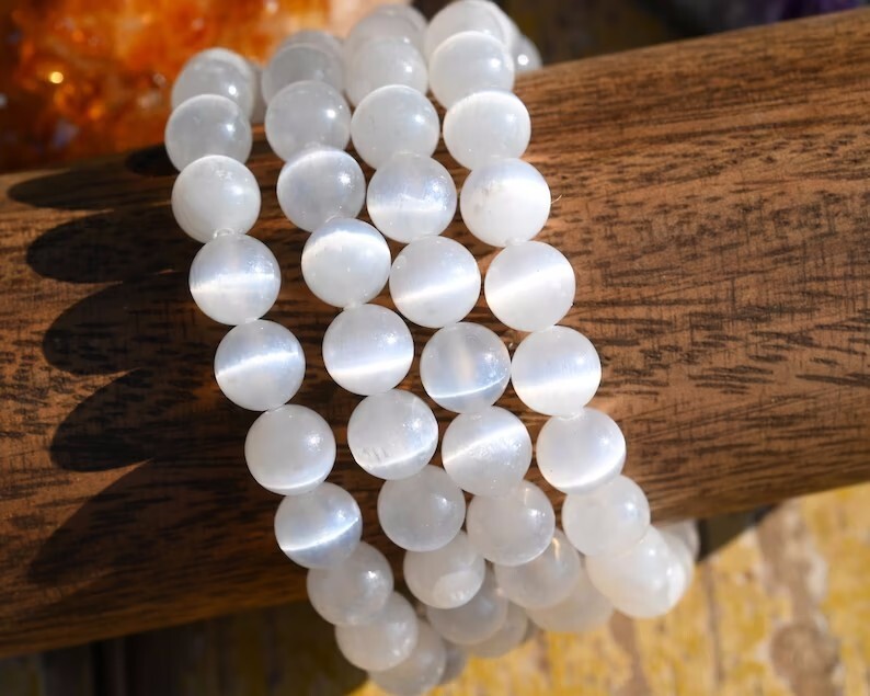 2 pieces Selenite 8mm Beaded Healing Reiki Balance Chakra Stress Relief Bracelet